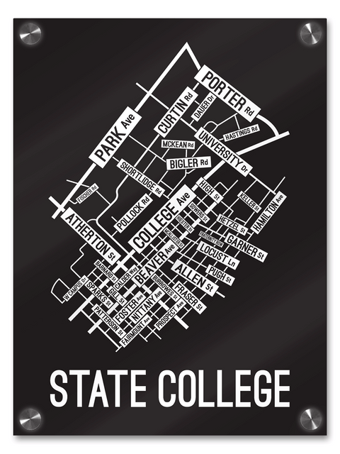 State College, Pennsylvania Street Map print School Street Posters Black Background / White Map 18" x 22" Acrylic Print