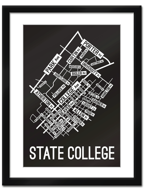 State College, Pennsylvania Street Map print School Street Posters Black Background / White Map 11" x 14" Framed Print