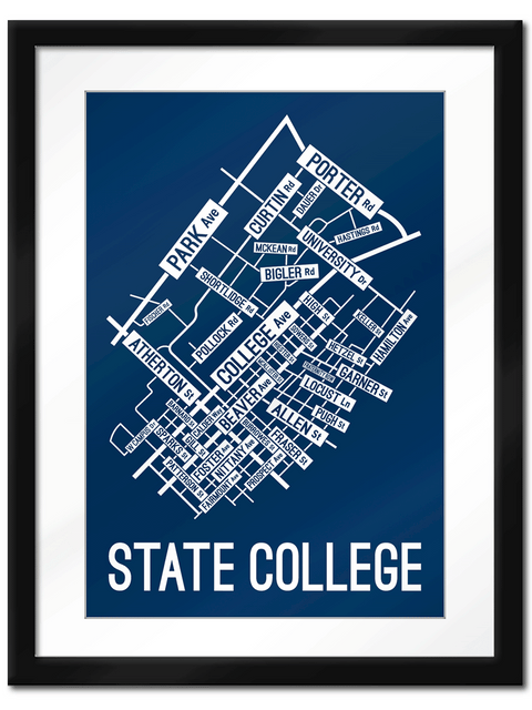 State College, Pennsylvania Street Map print School Street Posters Navy Background / White Map 11" x 14" Framed Print