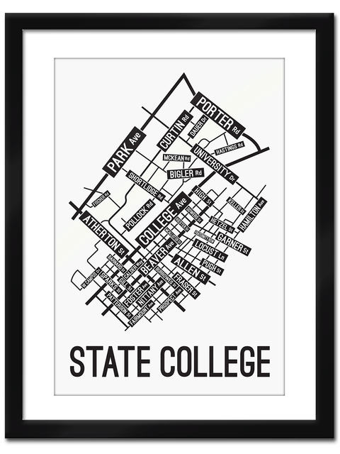 State College, Pennsylvania Street Map print School Street Posters White Background / Black Map 11" x 14" Framed Print