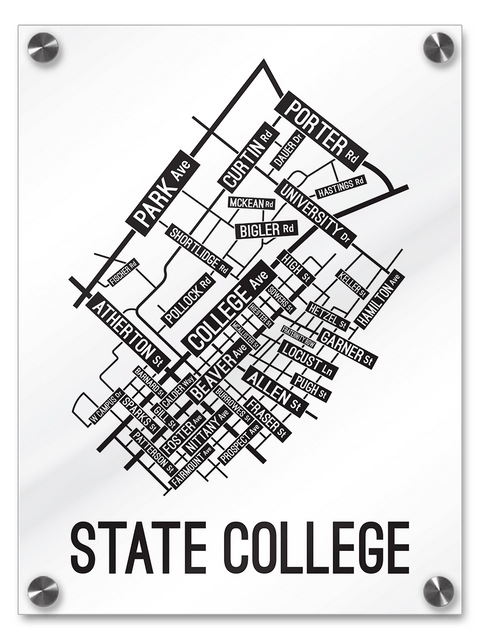 State College, Pennsylvania Street Map print School Street Posters White Background / Black Map 18" x 22" Acrylic Print