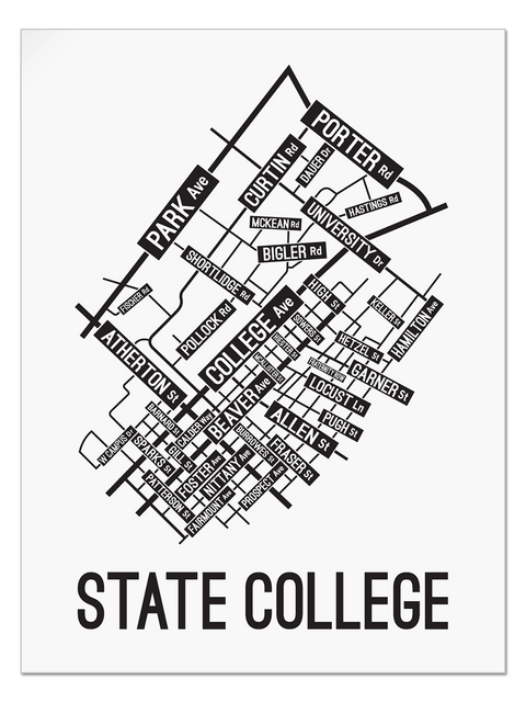 State College, Pennsylvania Street Map print School Street Posters White Background / Black Map 11" x 14" Poster