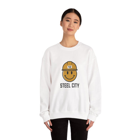 Steel City 412 Hardhat Smiley Crewneck Sweatshirt | Pittsburgh Draft Sweatshirt - YinzerShop
