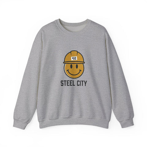 Steel City 412 Hardhat Smiley Crewneck Sweatshirt | Pittsburgh Draft Sweatshirt - YinzerShop
