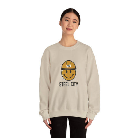 Steel City 412 Hardhat Smiley Crewneck Sweatshirt | Pittsburgh Draft Sweatshirt - YinzerShop