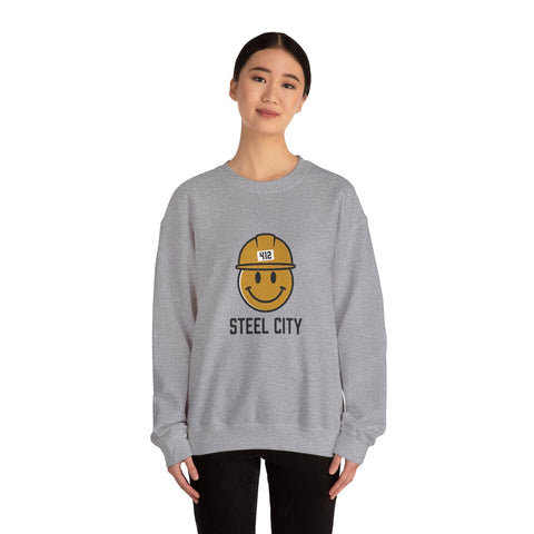 Steel City 412 Hardhat Smiley Crewneck Sweatshirt | Pittsburgh Draft Sweatshirt - YinzerShop