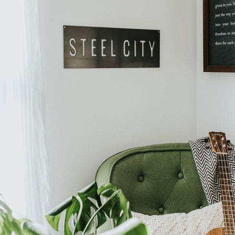 Steel City Wall Decor - Pittsburgh Metal Sign | Industrial Wall Art 18x6 Wall Decor - YinzerShop