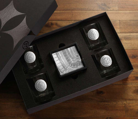 Steelers Stadium Coaster Set – Aluminum Hand Hammered Coasters with Rocks Glasses & Black Wooden Stacker Barware - YinzerShop