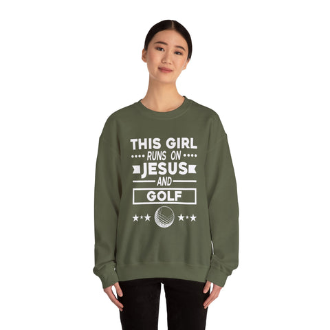 This Girl Runs on Jesus and Golf - Heavy Blend™ Crewneck Sweatshirt Sweatshirt - YinzerShop