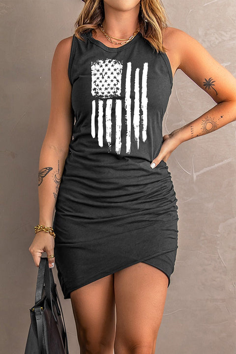 US Flag Dress Sleeveless Mini Dress - Ruched Hem, Graphic Print, Chic Summer Style Dress - YinzerShop