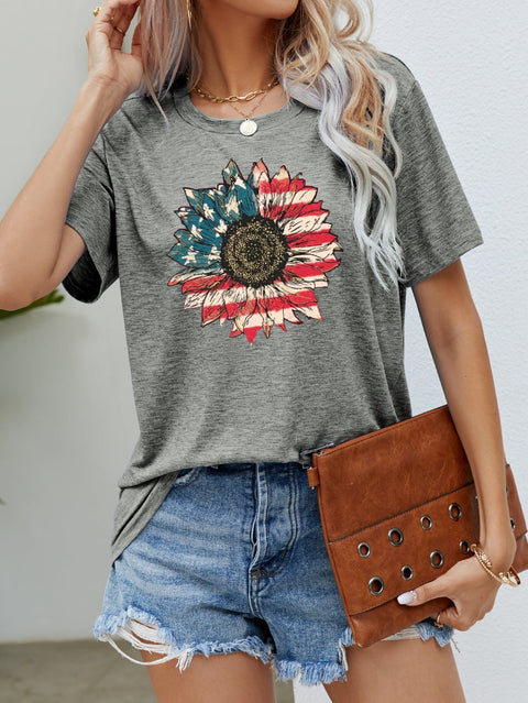 US Flag Graphic Tee - American Flag Shirt with USA Flower Design, Short Sleeve Top Long Sleeve Shirt - YinzerShop