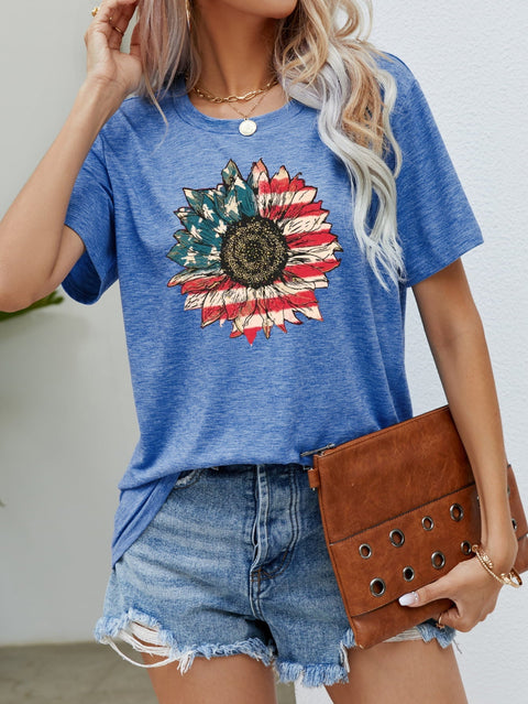 US Flag Graphic Tee - American Flag Shirt with USA Flower Design, Short Sleeve Top Long Sleeve Shirt - YinzerShop
