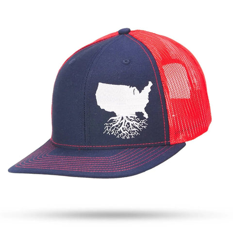 USA 4th of July Roots Snapback Trucker 6 Panel Snapback WYR Navy w/ Red Mesh & White USA  