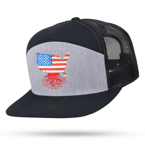 USA 7-Panel Flatbill 7 Panel Snapback WYR Heather & Black w/ Black Mesh  