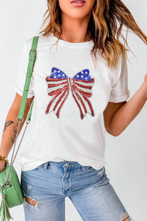 USA Flag T Shirt - Crew Neck Shirt With Sequin Bow Knot & Flag Print Clothing - YinzerShop
