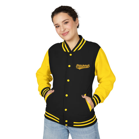 Varsity Jacket – Vintage Gold Pittsburgh Script Patch Outerwear - YinzerShop