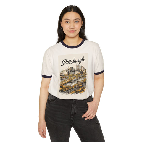 Vintage Pittsburgh Poster - Unisex Cotton Ringer T-Shirt T-Shirt - YinzerShop