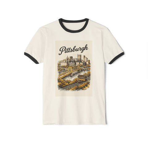 Vintage Pittsburgh Poster - Unisex Cotton Ringer T-Shirt T-Shirt - YinzerShop