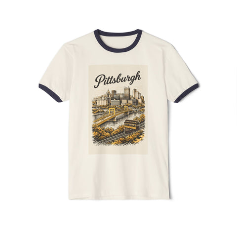 Vintage Pittsburgh Poster - Unisex Cotton Ringer T-Shirt T-Shirt - YinzerShop