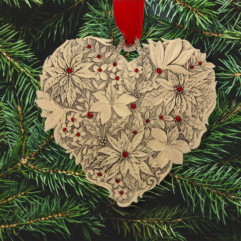 Winter Floral Ornament | Seasons of Love Bronze Heart | Festive Holiday Decor - YinzerShop