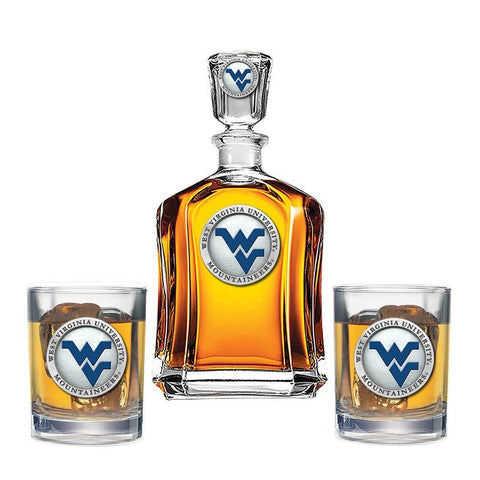 WVU Decanter Set - West Virginia University 24 Ounce Glass Decanter with 2 Double Old Fashioned Glasses Decanter Set - YinzerShop