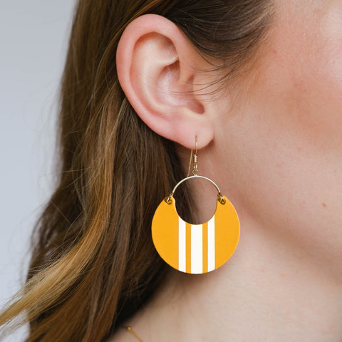 Yellow Gold Leather Earrings Gold Rally Ninas – Handmade Sporty White Stripe Dangle Earrings - YinzerShop