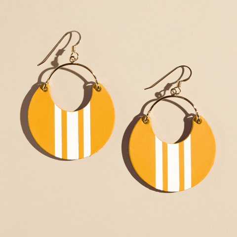Yellow Gold Leather Earrings Gold Rally Ninas – Handmade Sporty White Stripe Dangle Earrings - YinzerShop