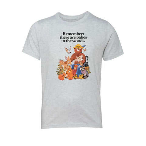 Youth Smokey Bear "Babes in the Woods" Tee Youth T Shirts WYR White Fleck w/ Smokey Bear Babes XS 