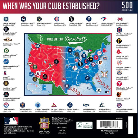 MLB Jigsaw Puzzle - 500 Piece USA Map Puzzle Featuring All Teams | MasterPieces